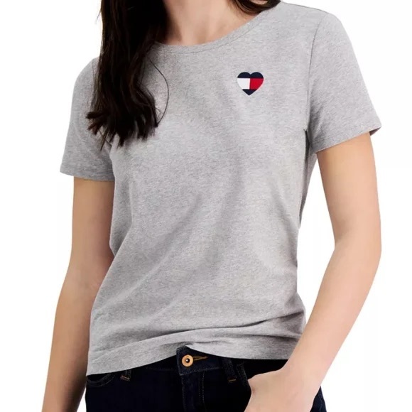 Tommy Hilfiger Tops - Tommy Hilfiger Stone Grey Embroidered Heart Logo T-Shirt NWOT